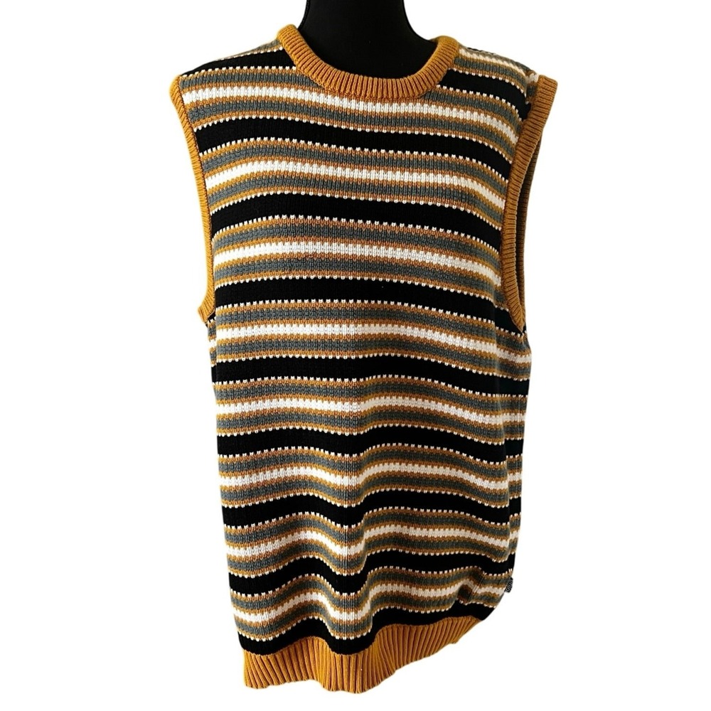 Enjoi Mens Striped Knit Sweater Vest Mustard Yellow Black White‎ Cotton Large